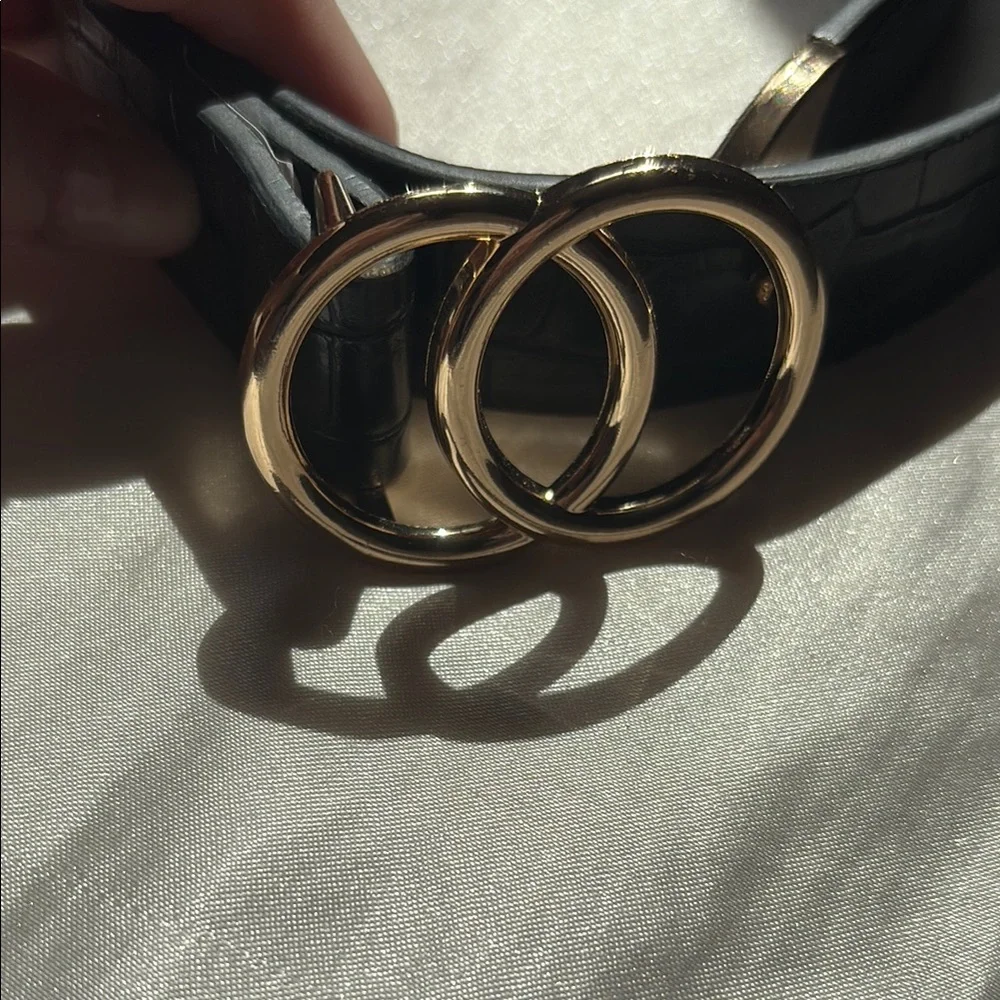 Black Leather Belt with Gold Buckle - Picture 2 of 5